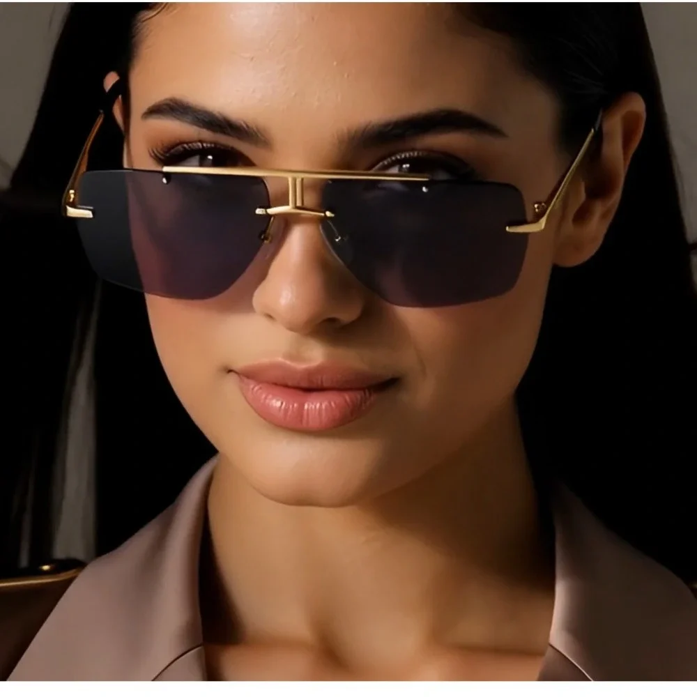 Rimless‎ Sunglasses Women Fashion Gold Frame Trendy Shield Pilot Dark Black Lens